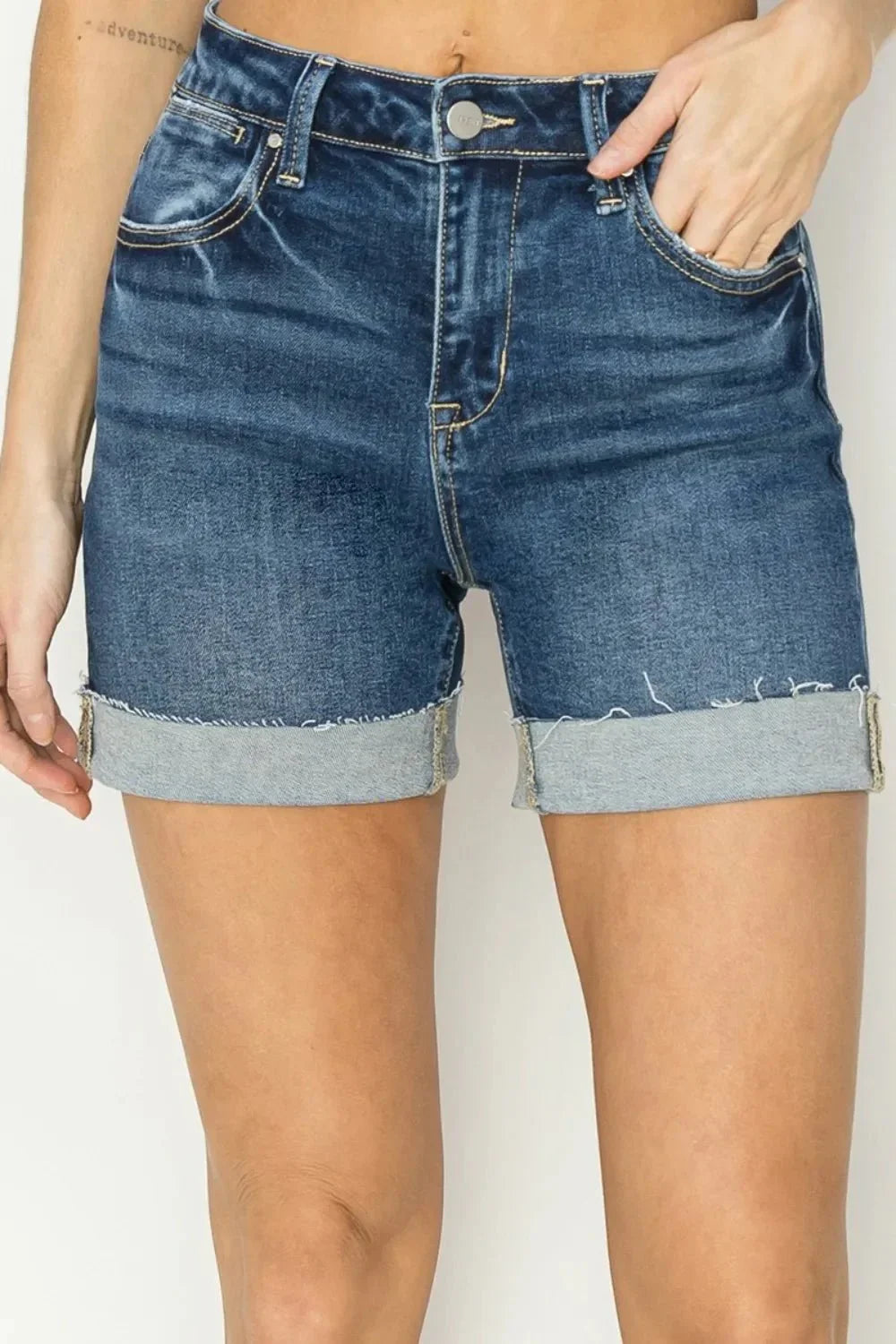 RISEN High Rise Cuffed Denim Shorts - VILLA FASHION